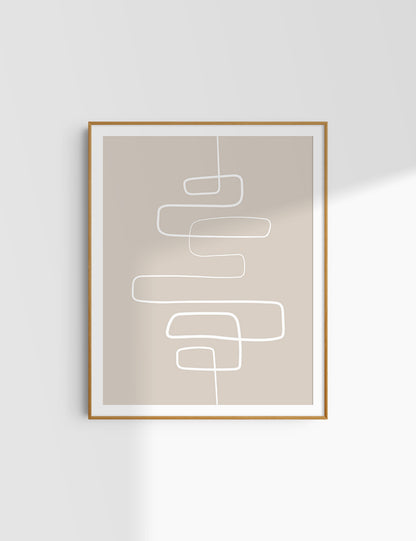 MINIMALIST, ABSTRACT ONE LINE ART. Beige and White. Printable Wall Art Illustration.