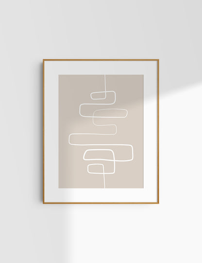 MINIMALIST, ABSTRACT ONE LINE ART. Beige and White. Printable Wall Art Illustration.