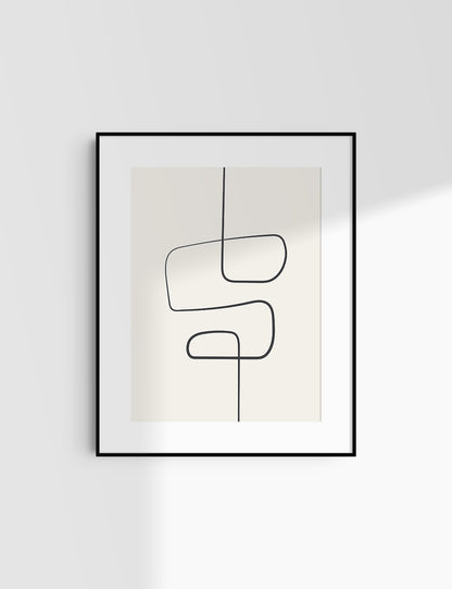 MINIMALIST, ABSTRACT ONE LINE ART. Beige and Black. Printable Wall Art Illustration.