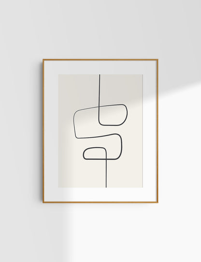 MINIMALIST, ABSTRACT ONE LINE ART. Beige and Black. Printable Wall Art Illustration.