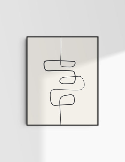 MINIMALIST, ABSTRACT ONE LINE ART. Beige and Black. Printable Wall Art Illustration.