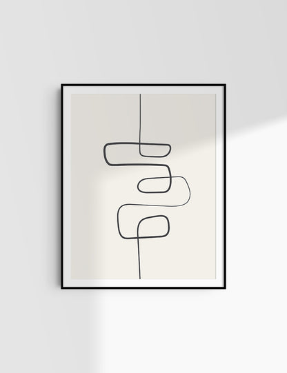 MINIMALIST, ABSTRACT ONE LINE ART. Beige and Black. Printable Wall Art Illustration.