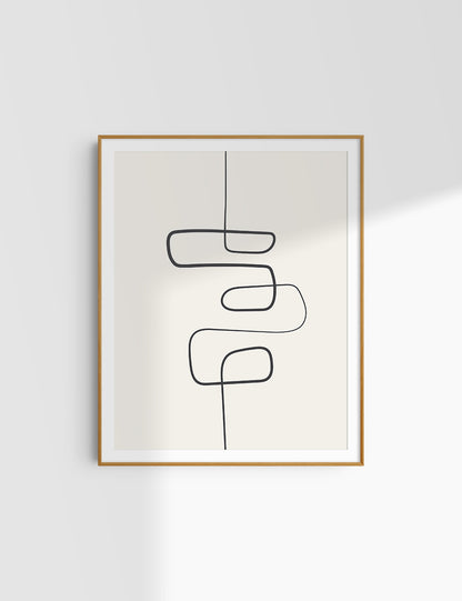 MINIMALIST, ABSTRACT ONE LINE ART. Beige and Black. Printable Wall Art Illustration.