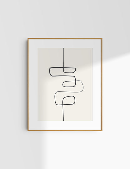 MINIMALIST, ABSTRACT ONE LINE ART. Beige and Black. Printable Wall Art Illustration.
