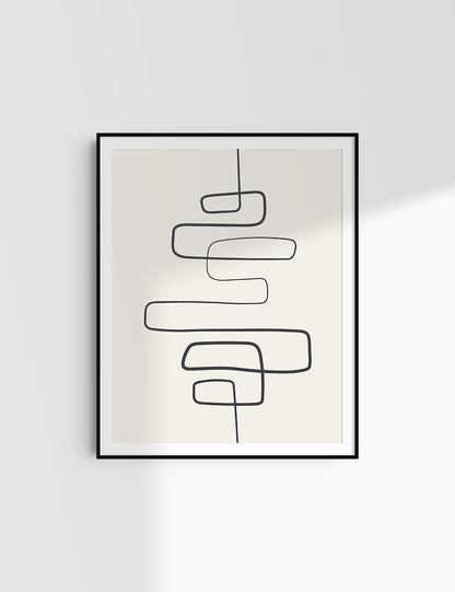MINIMALIST, ABSTRACT ONE LINE ART. Beige and Black. Printable Wall Art Illustration.