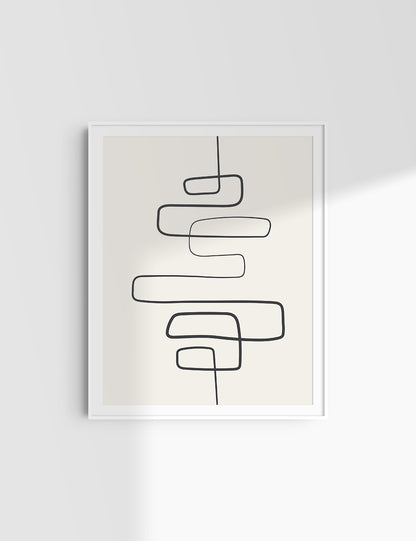 MINIMALIST, ABSTRACT ONE LINE ART. Beige and Black. Printable Wall Art Illustration.