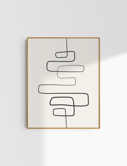 MINIMALIST, ABSTRACT ONE LINE ART. Beige and Black. Printable Wall Art Illustration.