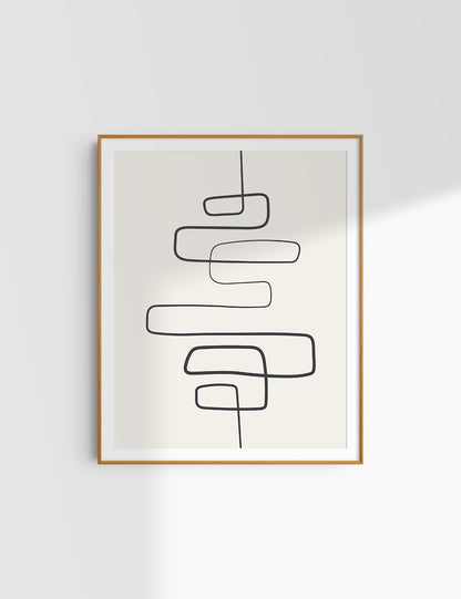 MINIMALIST, ABSTRACT ONE LINE ART. Beige and Black. Printable Wall Art Illustration.