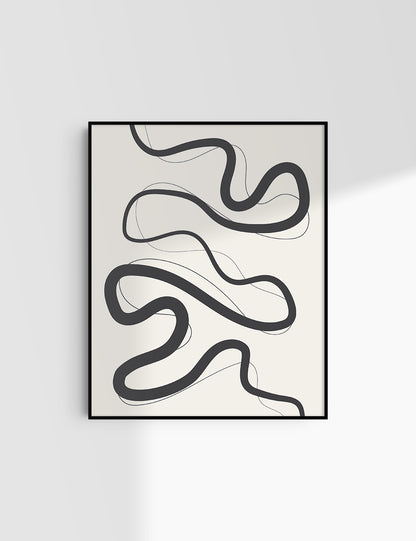 MINIMALIST, ABSTRACT LINE ART. Beige and Black. Printable Wall Art Illustration.