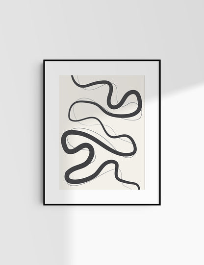 MINIMALIST, ABSTRACT LINE ART. Beige and Black. Printable Wall Art Illustration.