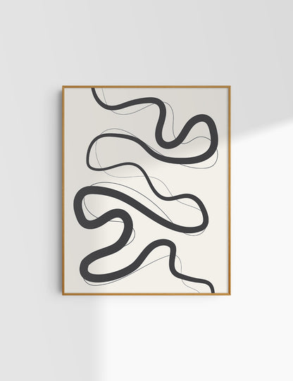 MINIMALIST, ABSTRACT LINE ART. Beige and Black. Printable Wall Art Illustration.