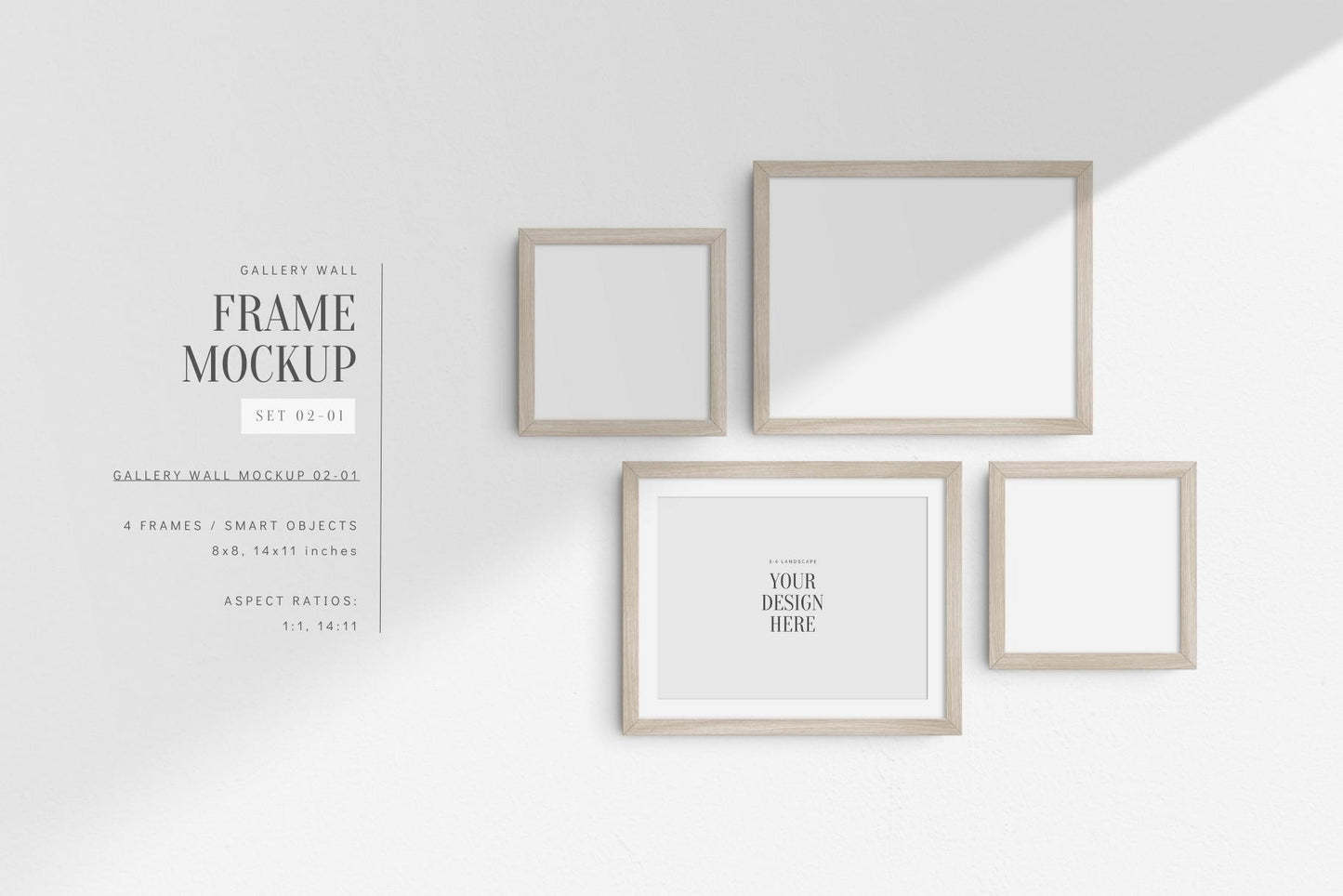 Gallery Wall Mockup | Set of 4 Frames | Frame Mockup | PSD | Light Wood Frames