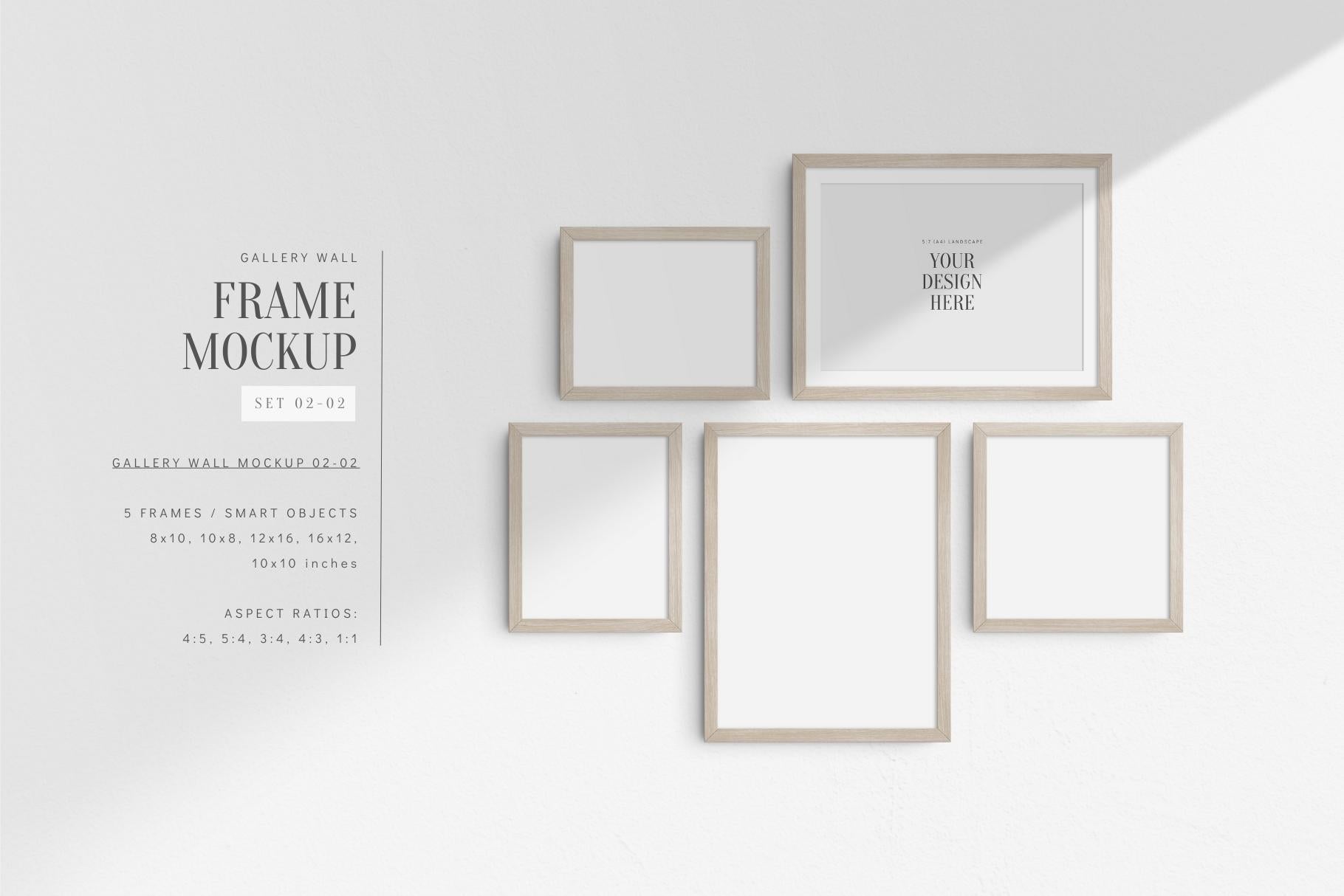 Gallery Wall Mockup | Set of 5 Frames | Frame Mockup | PSD | Light Wood Frames