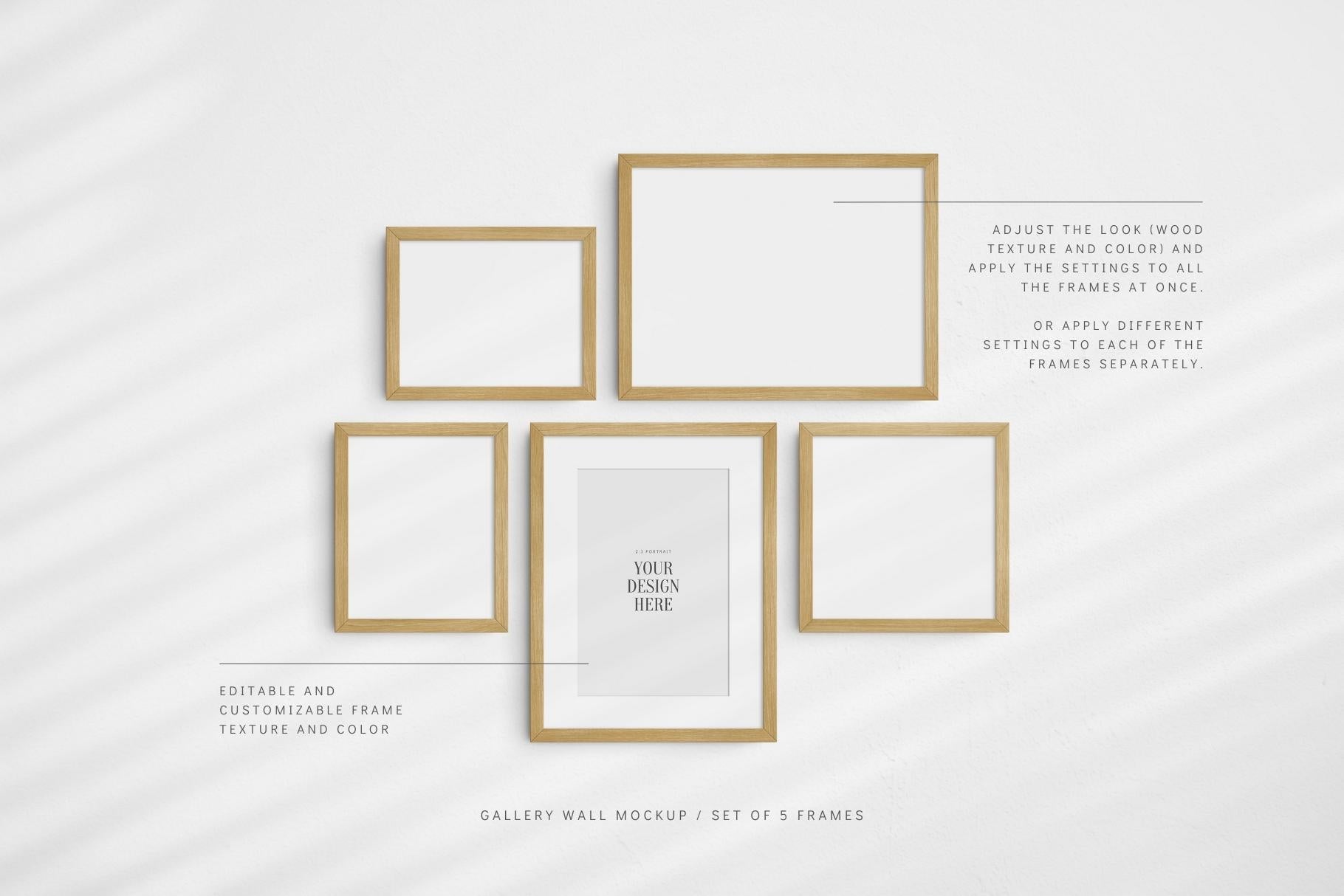 Gallery Wall Mockup | Set of 5 Frames | Frame Mockup | PSD | Oak Wood Frames