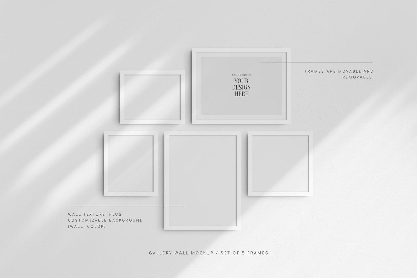 Gallery Wall Mockup | Set of 5 Frames | Frame Mockup | PSD | White Frames