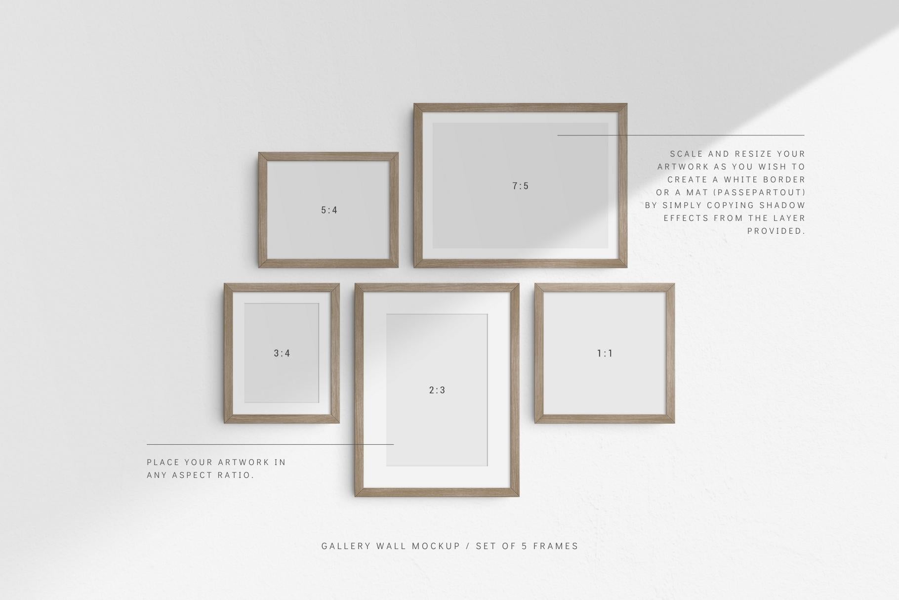 Gallery Wall Mockup | Set of 5 Frames | Frame Mockup | PSD | Mat Passepartout