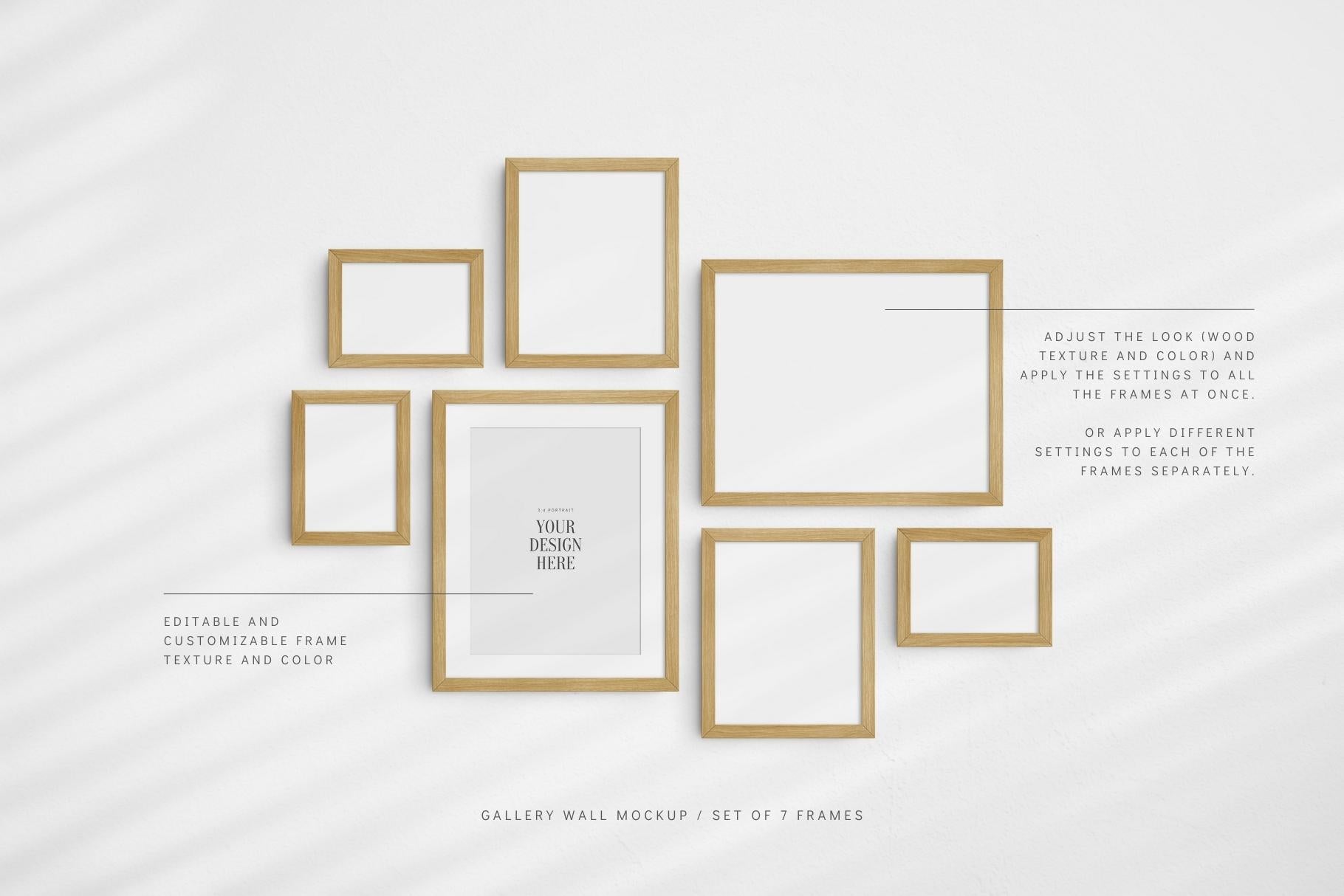 Gallery Wall Mockup | Set of 7 Frames | Frame Mockup | PSD | Oak Wood Frames