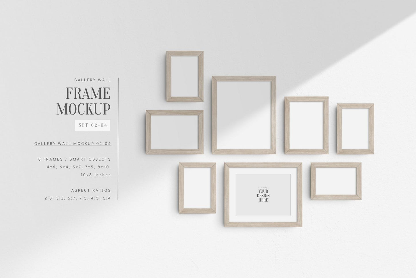 Gallery Wall Mockup | Set of 8 Frames | Frame Mockup | PSD | Light Wood Frames