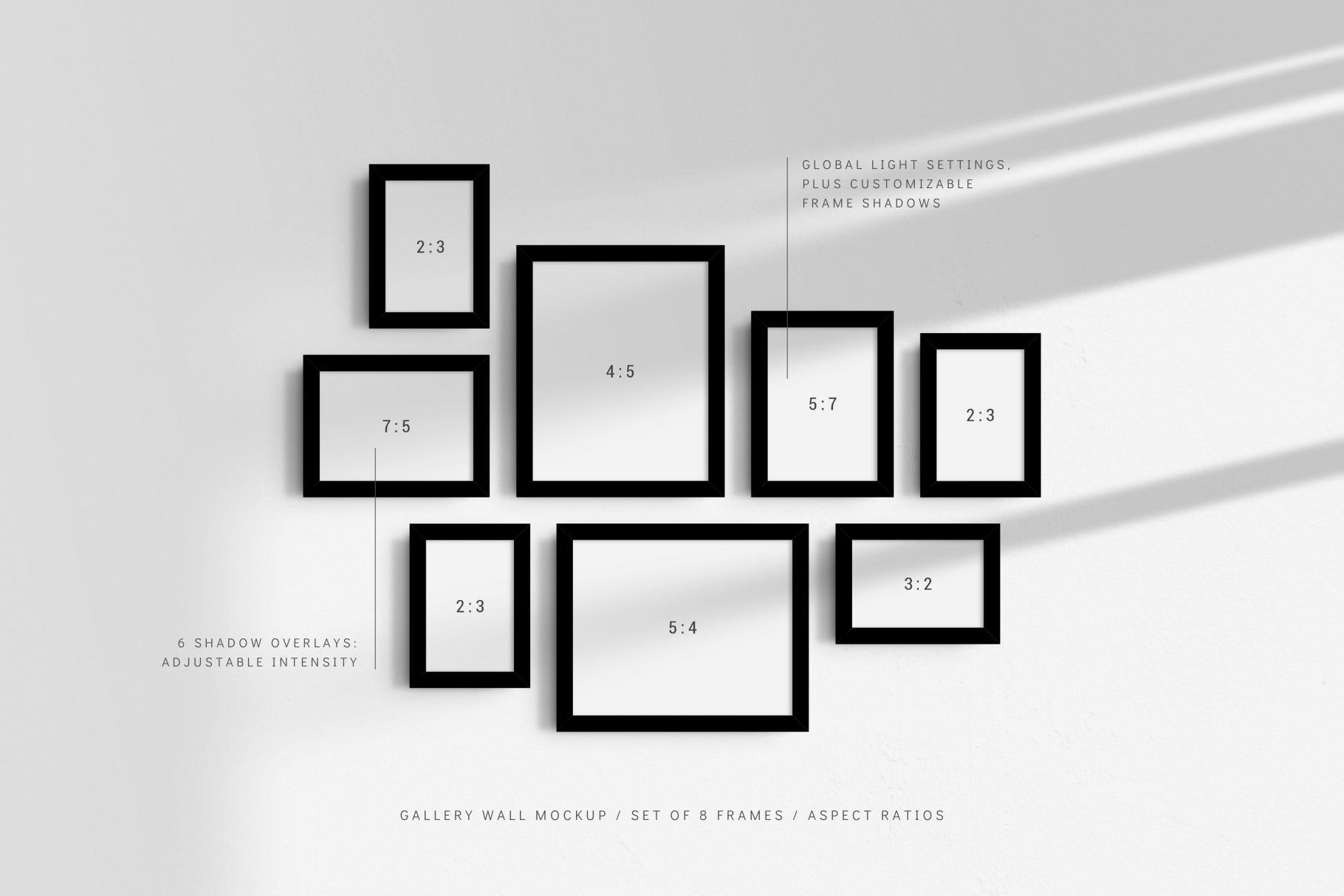 Gallery Wall Mockup | Set of 8 Frames | Frame Mockup | PSD | Aspect Ratios