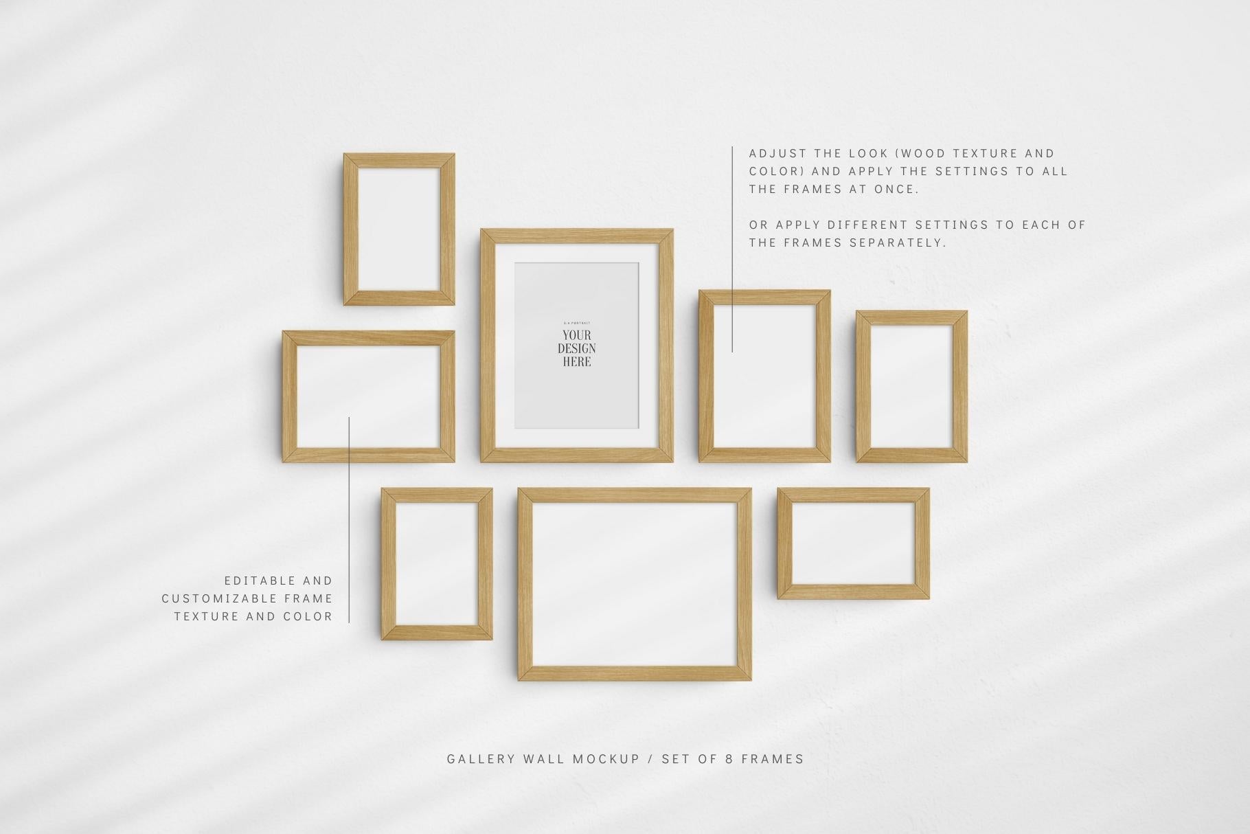 Gallery Wall Mockup | Set of 8 Frames | Frame Mockup | PSD | Oak Wood Frames