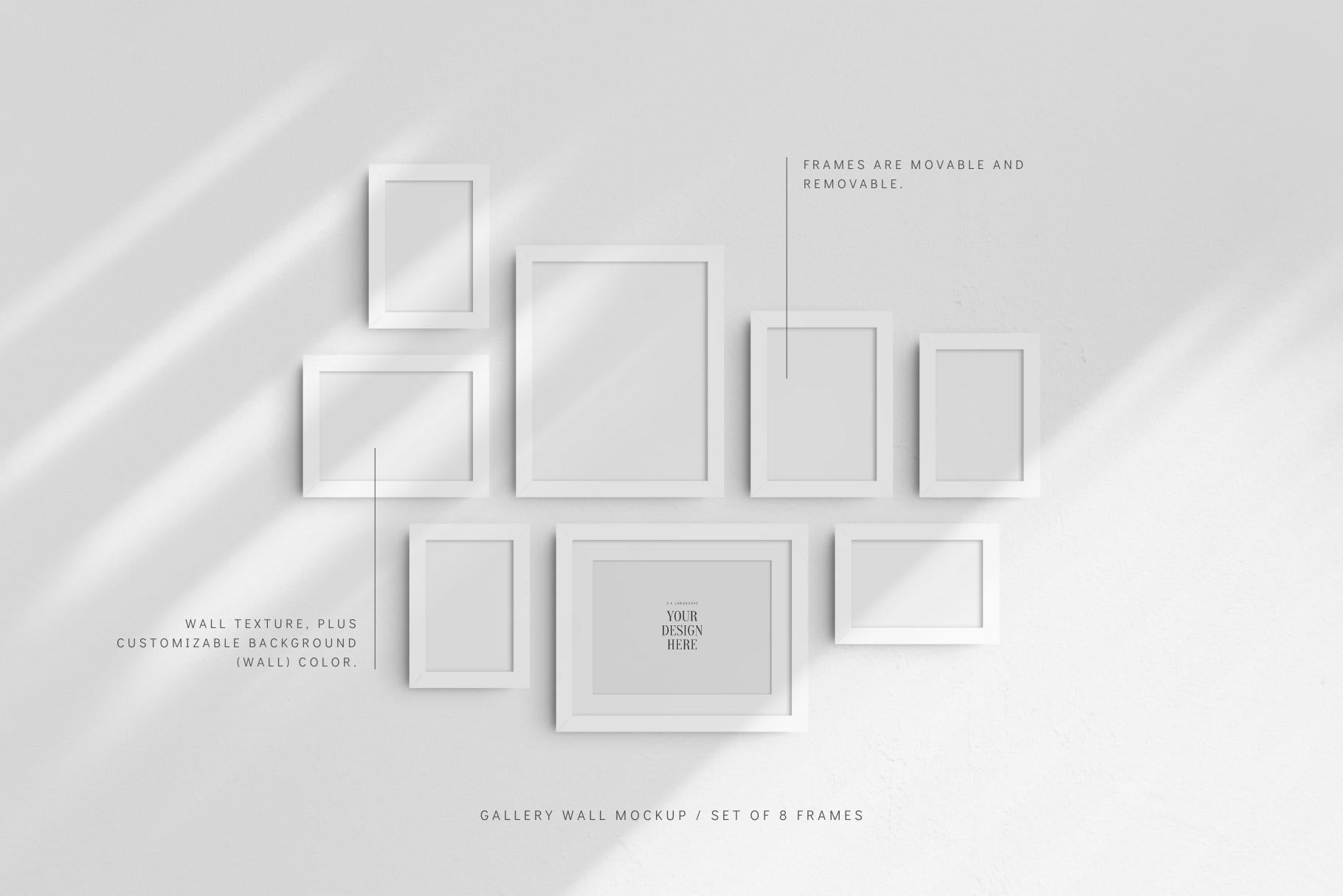 Gallery Wall Mockup | Set of 8 Frames | Frame Mockup | PSD | White Frames