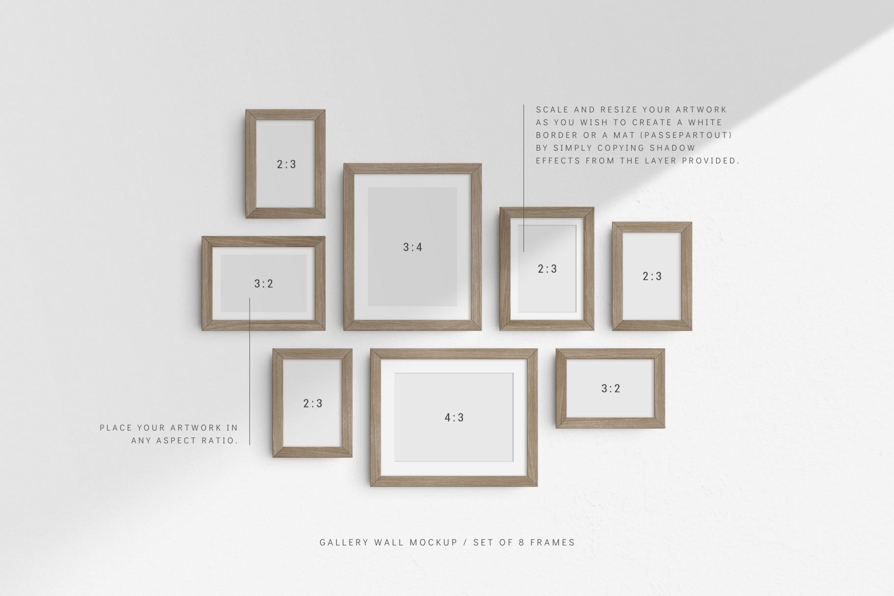Gallery Wall Mockup | Set of 8 Frames | Frame Mockup | PSD | Mat Passepartout