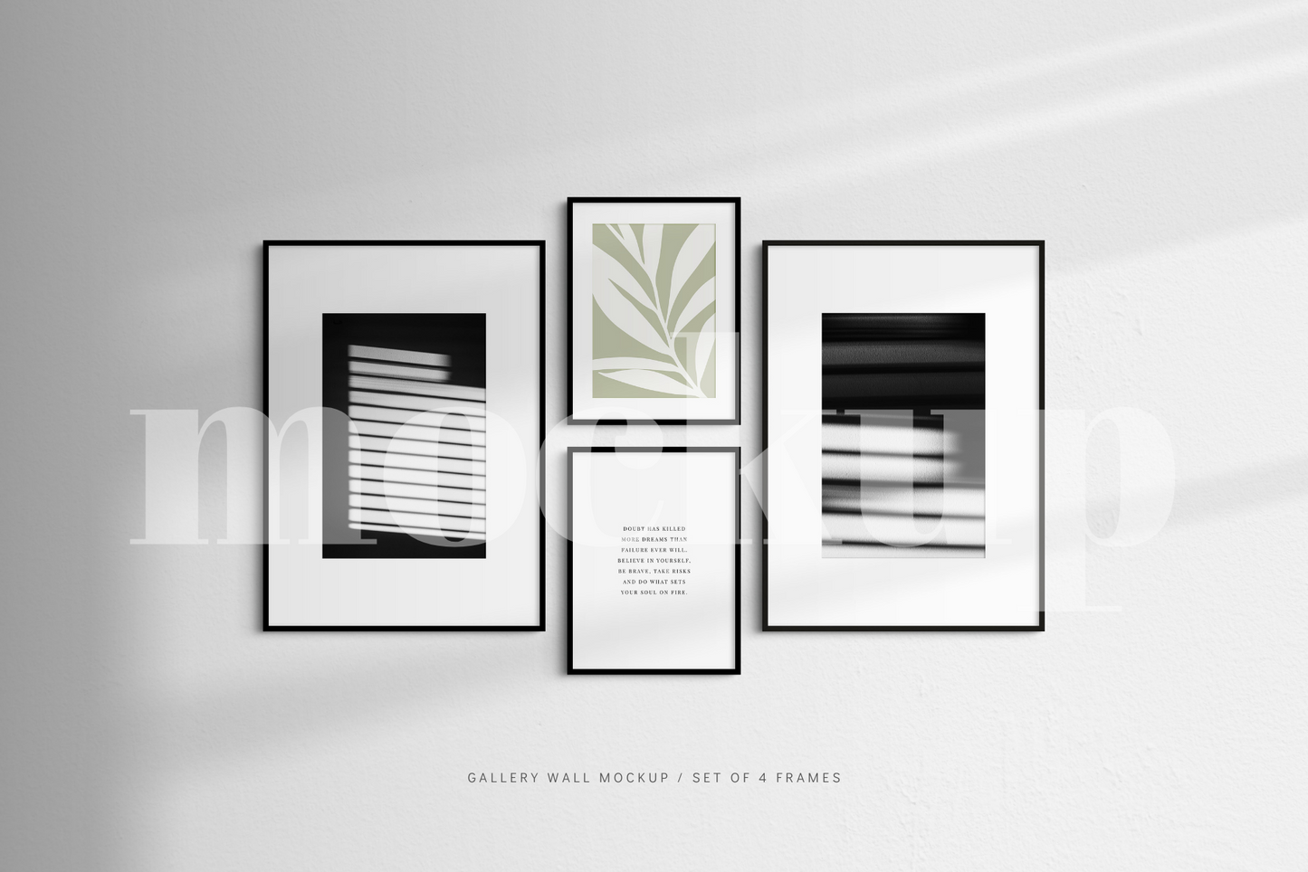 A modern gallery wall mockup that features a set of 4 thin black frames.