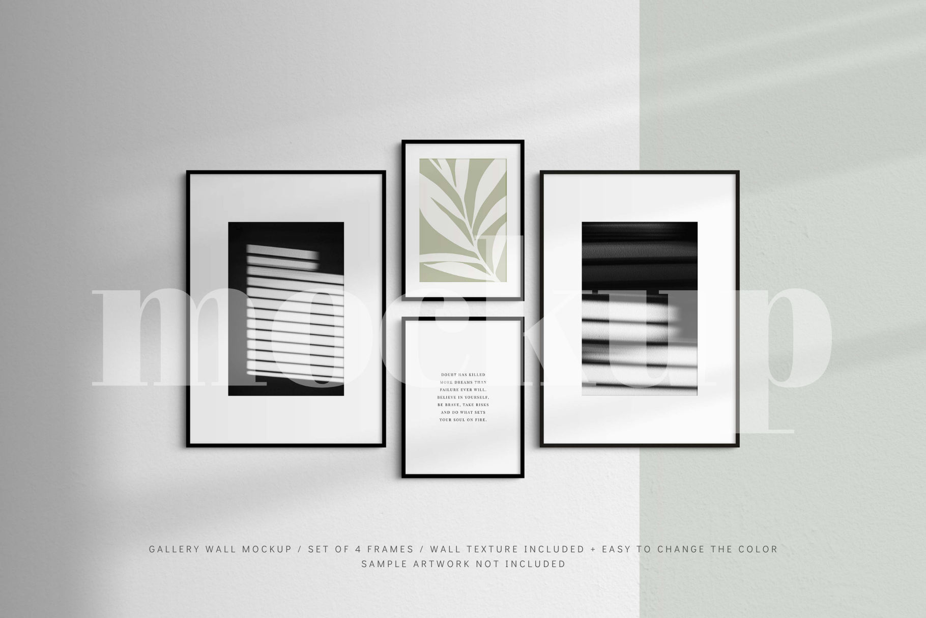 Showcase your artwork in an elegant, modern way with this customizable and easy-to-use minimalist gallery wall frame mockup that features a set of 4 thin black frames.