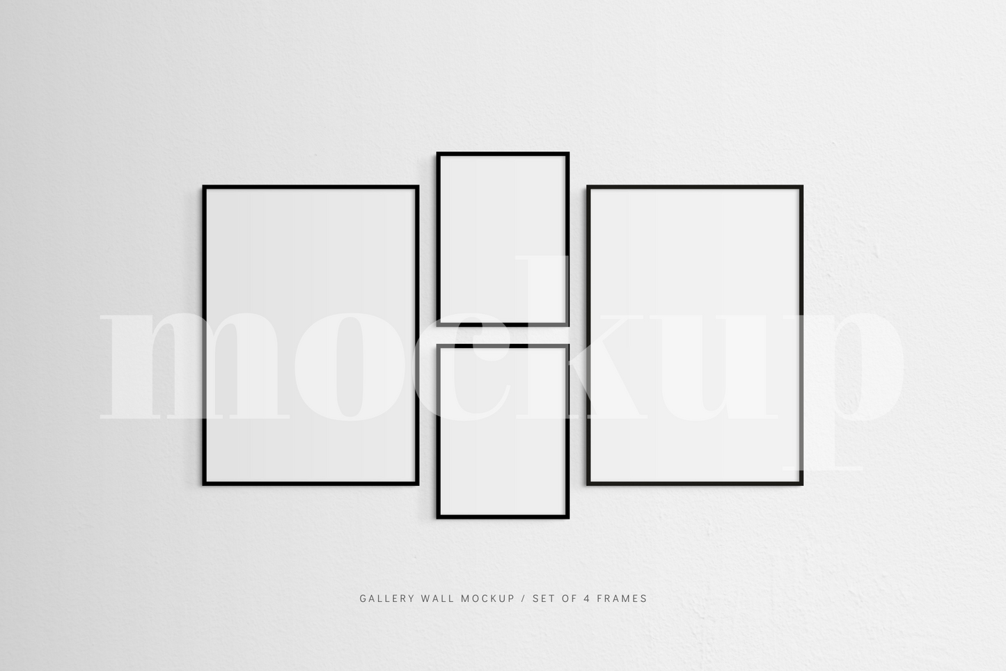 A modern, minimalist gallery wall mockup that features a set of 4 thin black frames.