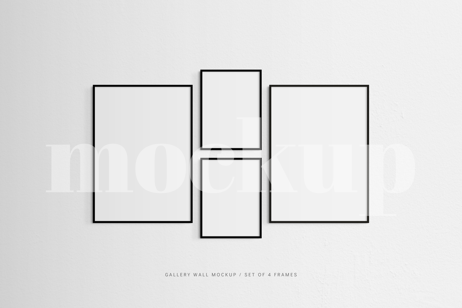 A modern, minimalist gallery wall mockup that features a set of 4 thin black frames.
