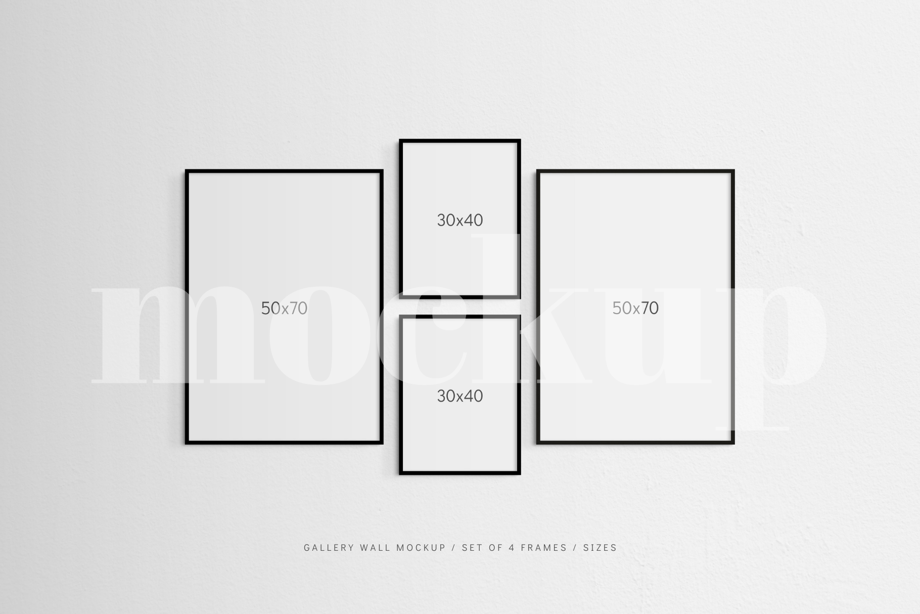 A modern, minimalist gallery wall frame mockup that features a set of 4 vertical black frames.