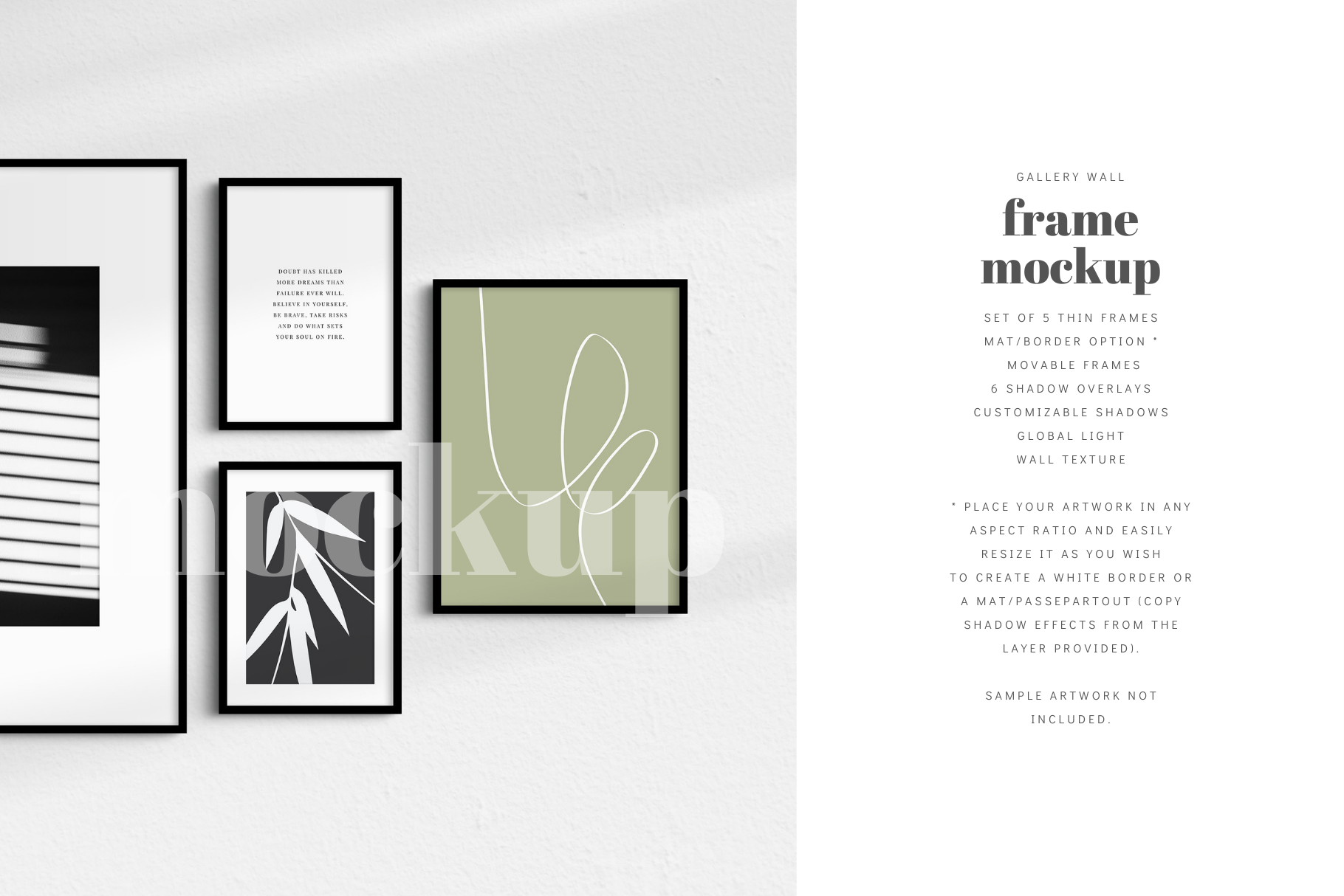 A modern, minimalist gallery wall mockup that features a set of 5 thin black frames.