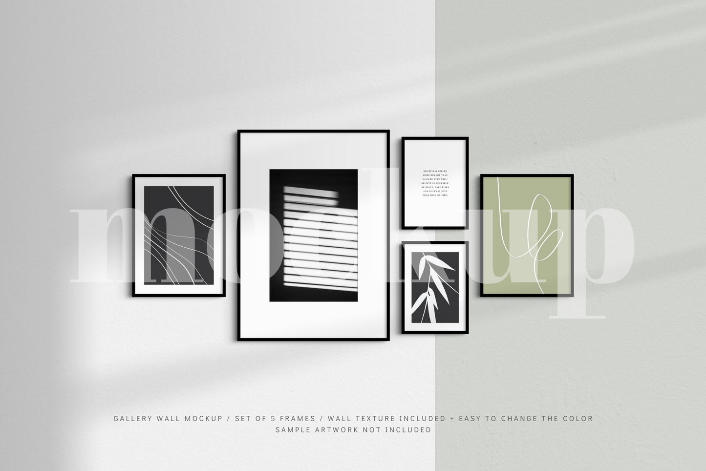 A gallery wall mockup that features a set of 5 vertical black frames.