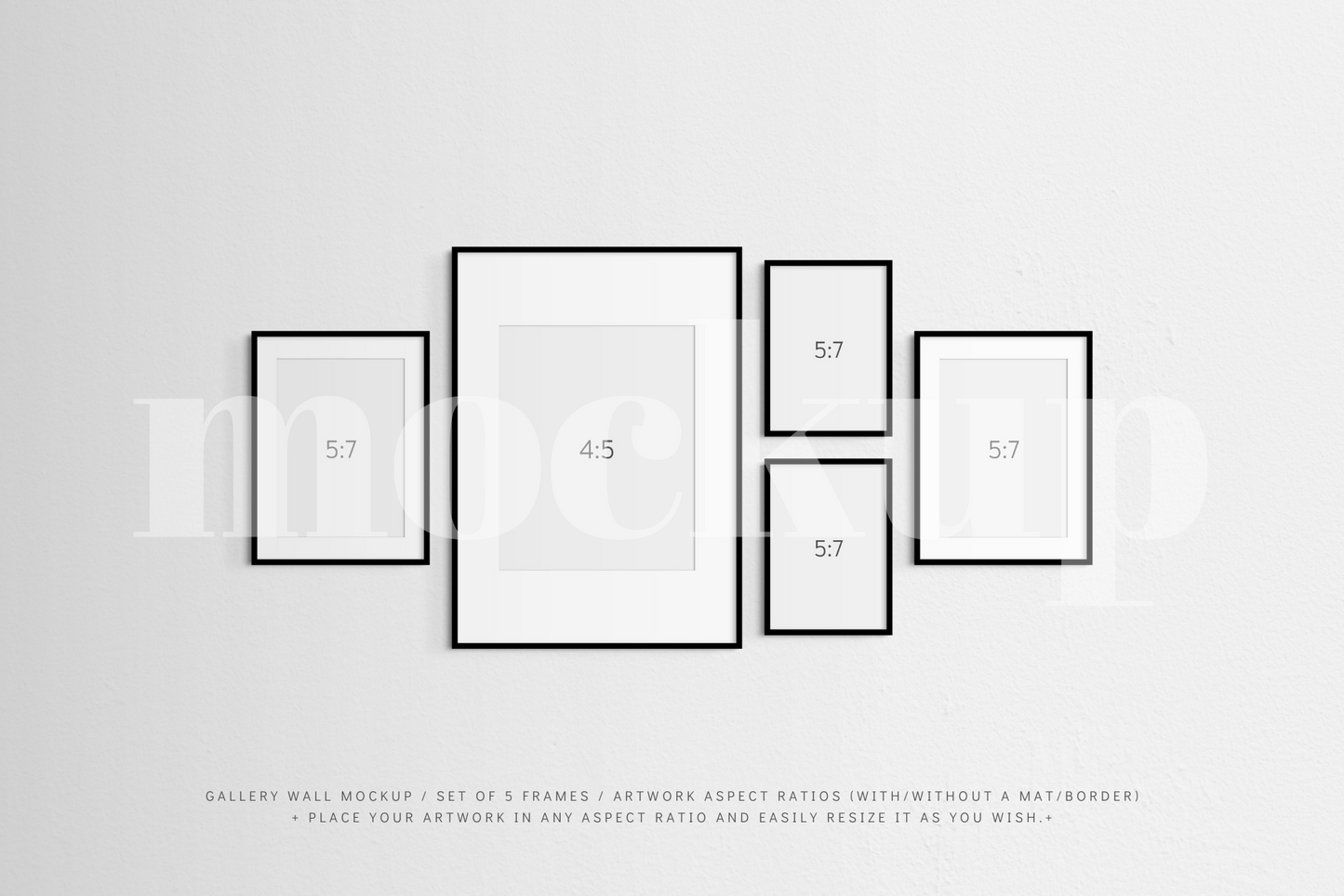 A gallery wall frame mockup that features a set of 5 thin black frames with or without a white mat (passe-partout) border.