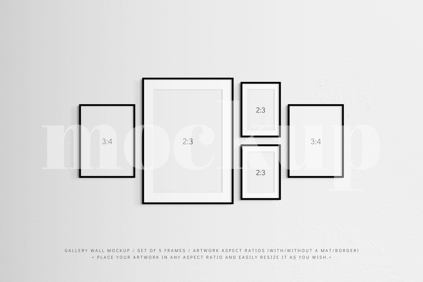 Set of 5 black frames. A customizable and easy-to-use gallery wall frame mockup.