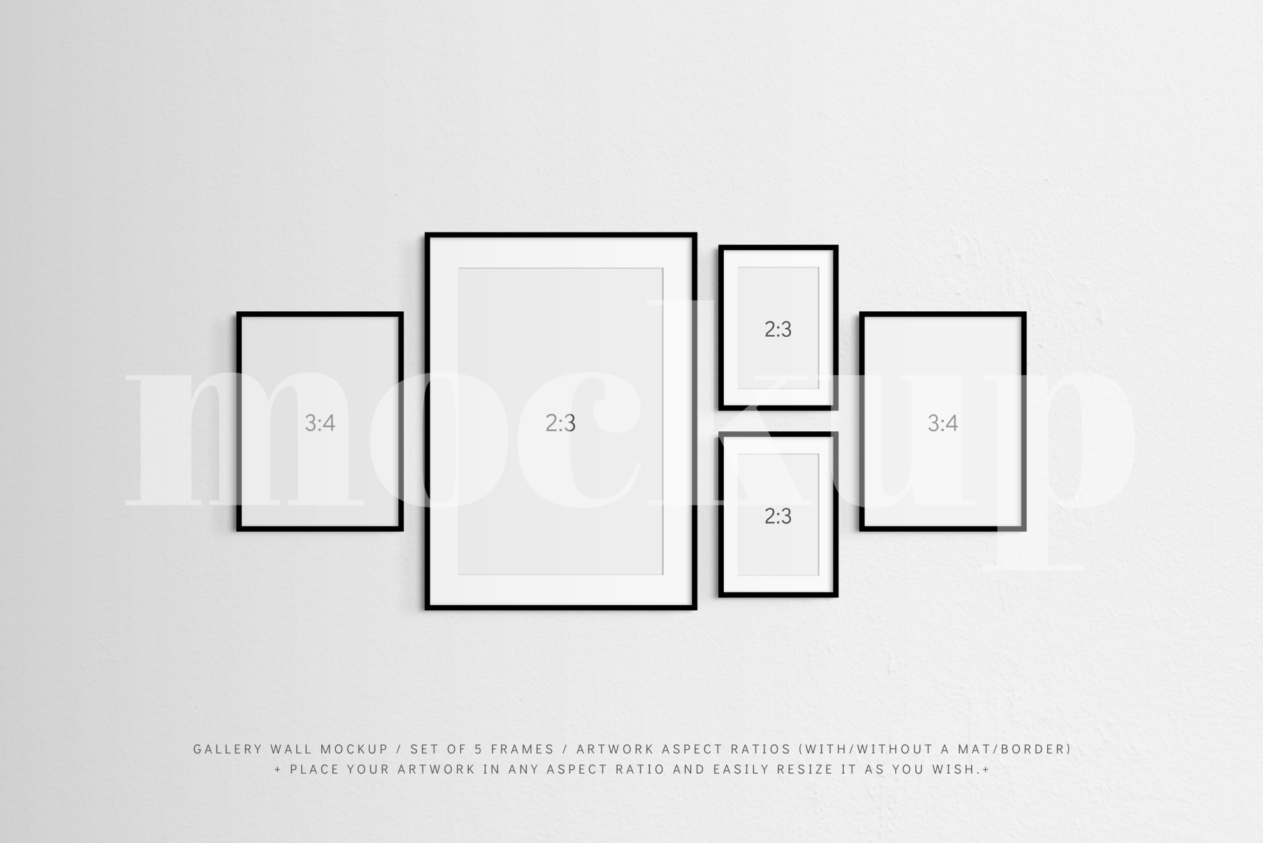 Set of 5 black frames. A customizable and easy-to-use gallery wall frame mockup.