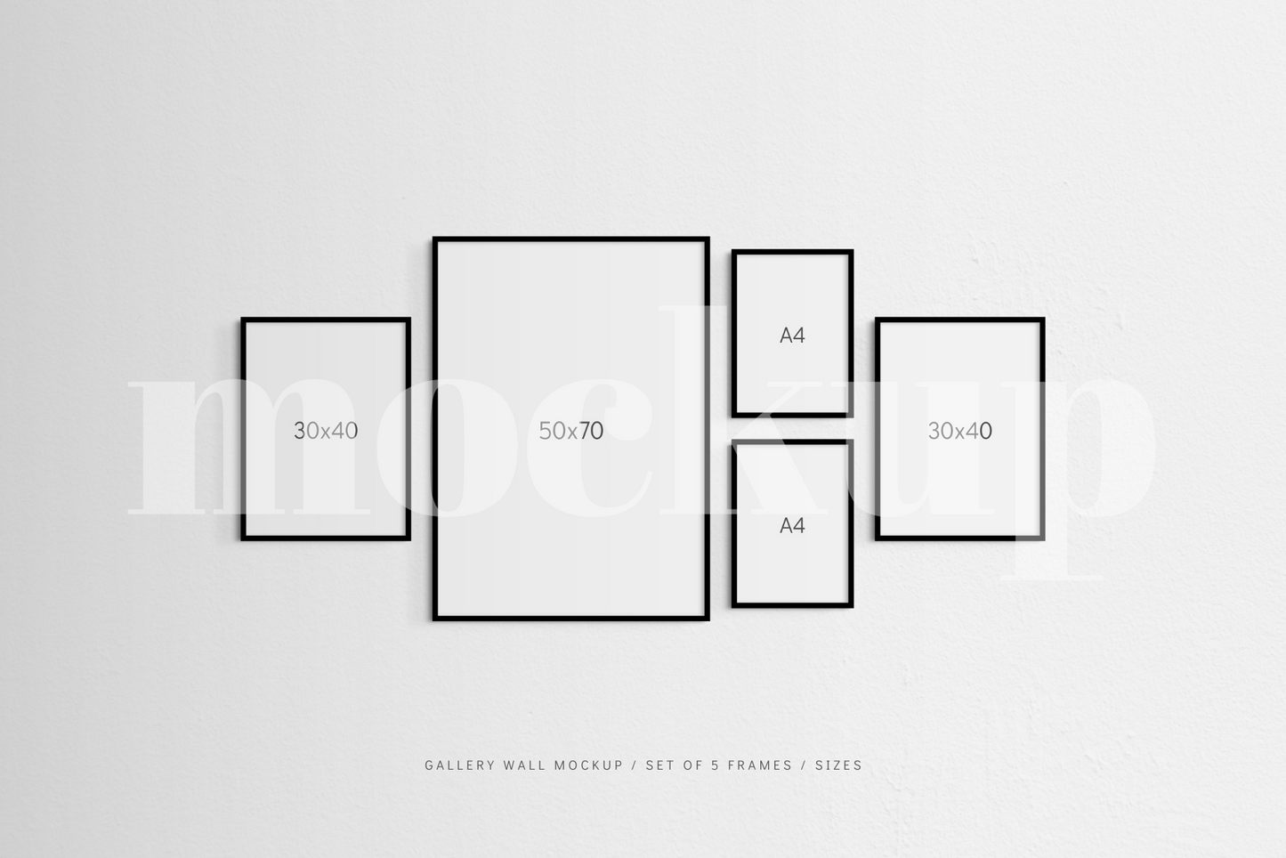 A modern, minimalist gallery wall frame mockup that features a set of 5 vertical black frames.