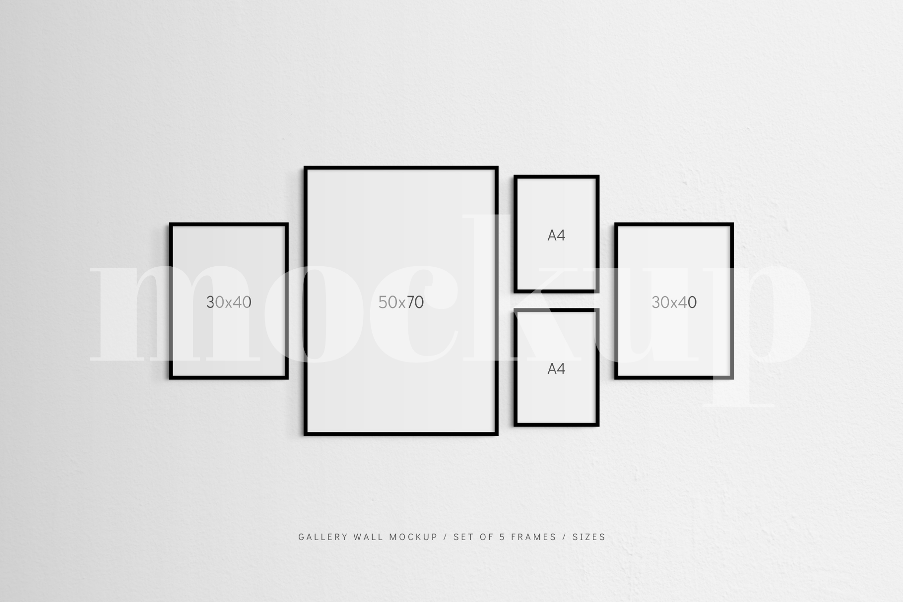 A modern, minimalist gallery wall frame mockup that features a set of 5 vertical black frames.