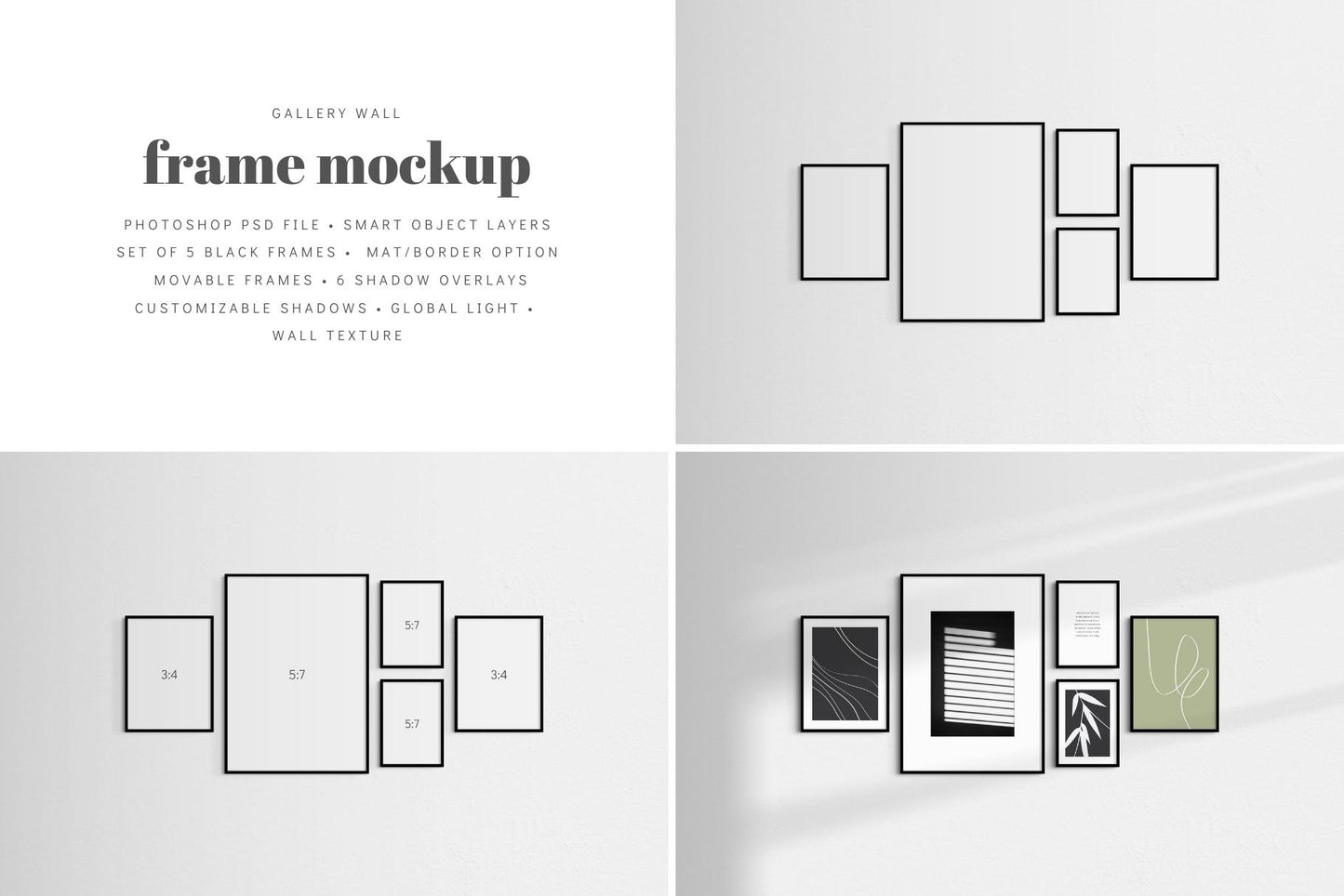 Showcase your artwork in an elegant, modern way with this customizable and easy-to-use minimalist gallery wall frame mockup that features a set of 5 thin black frames.