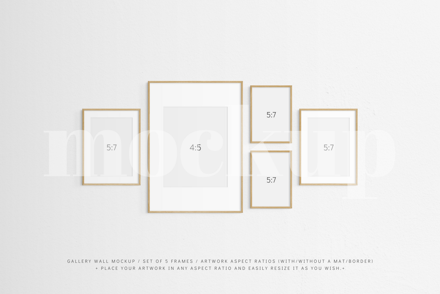 Gallery Wall Mockup | Set of 5 Frames | Frame Mockup | Oak Timber | PSD