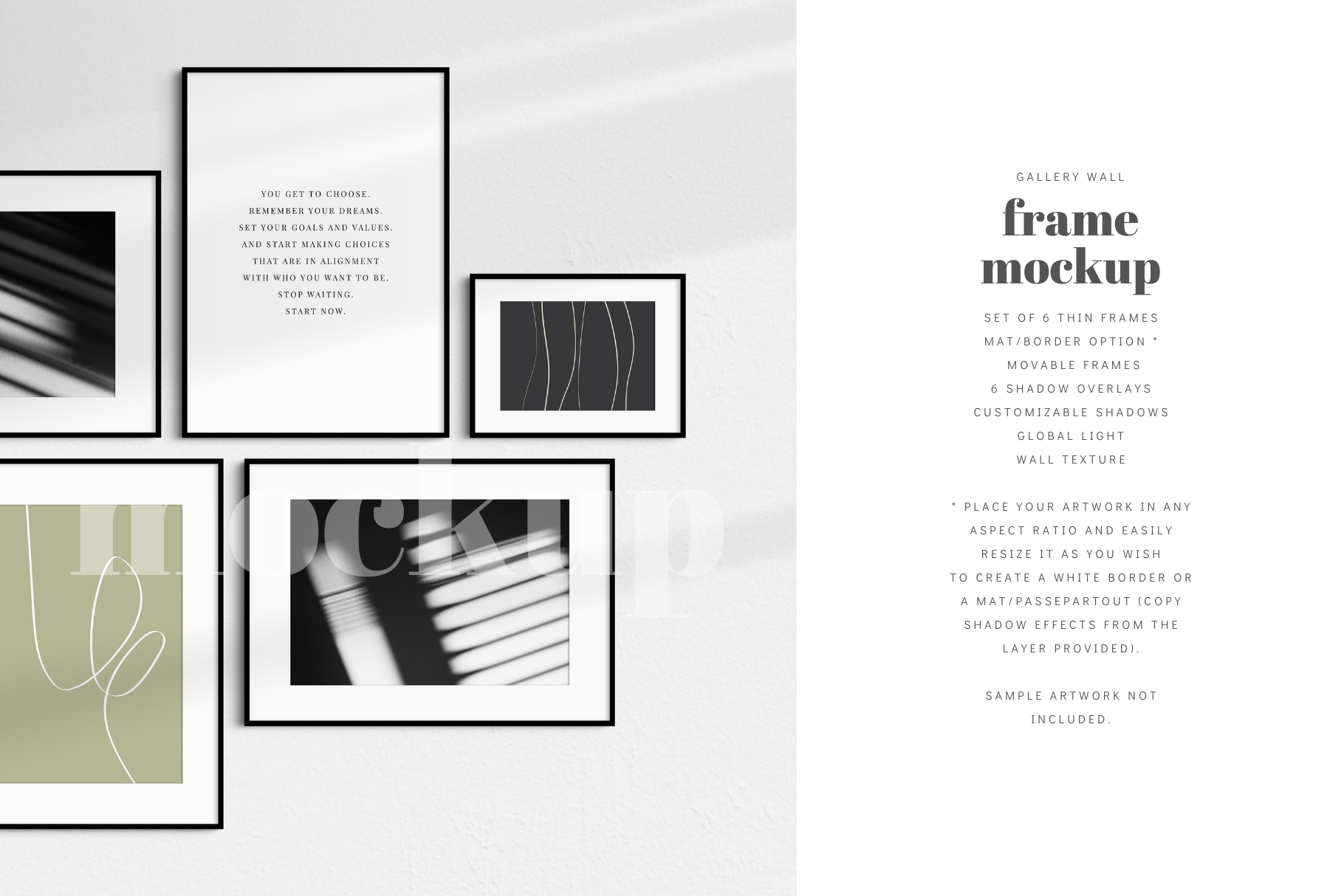 Showcase your artwork in an elegant, modern way with this customizable and easy-to-use minimalist gallery wall frame mockup that features a set of 6 thin black frames.