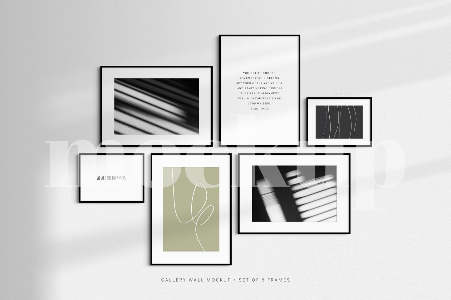 A modern, minimalist gallery wall frame mockup that features a set of 6 horizontal and vertical black frames.