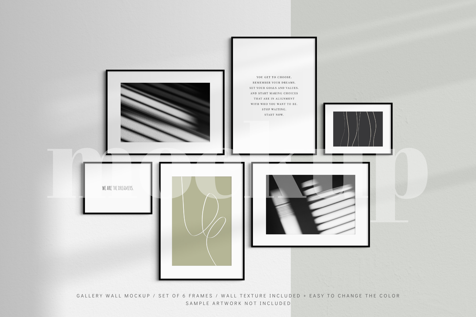 A modern, minimalist gallery wall mockup that features a set of 6 thin black frames.