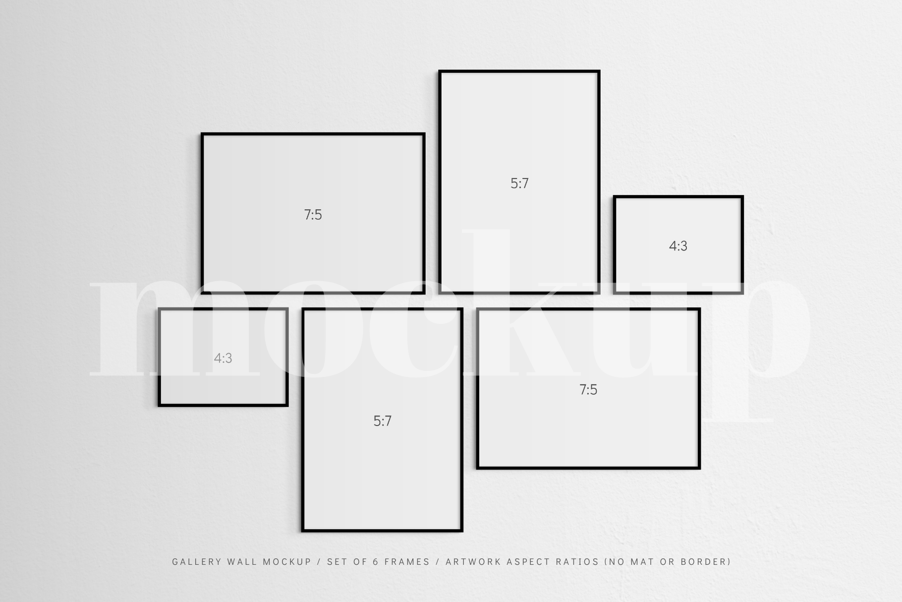 A gallery wall mockup that features a set of 6 horizontal and vertical black frames.