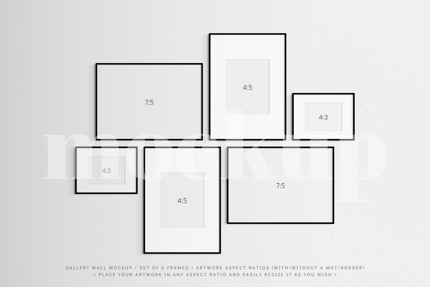 A gallery wall frame mockup that features a set of 6 thin black frames with or without a white mat (passe-partout) border.
