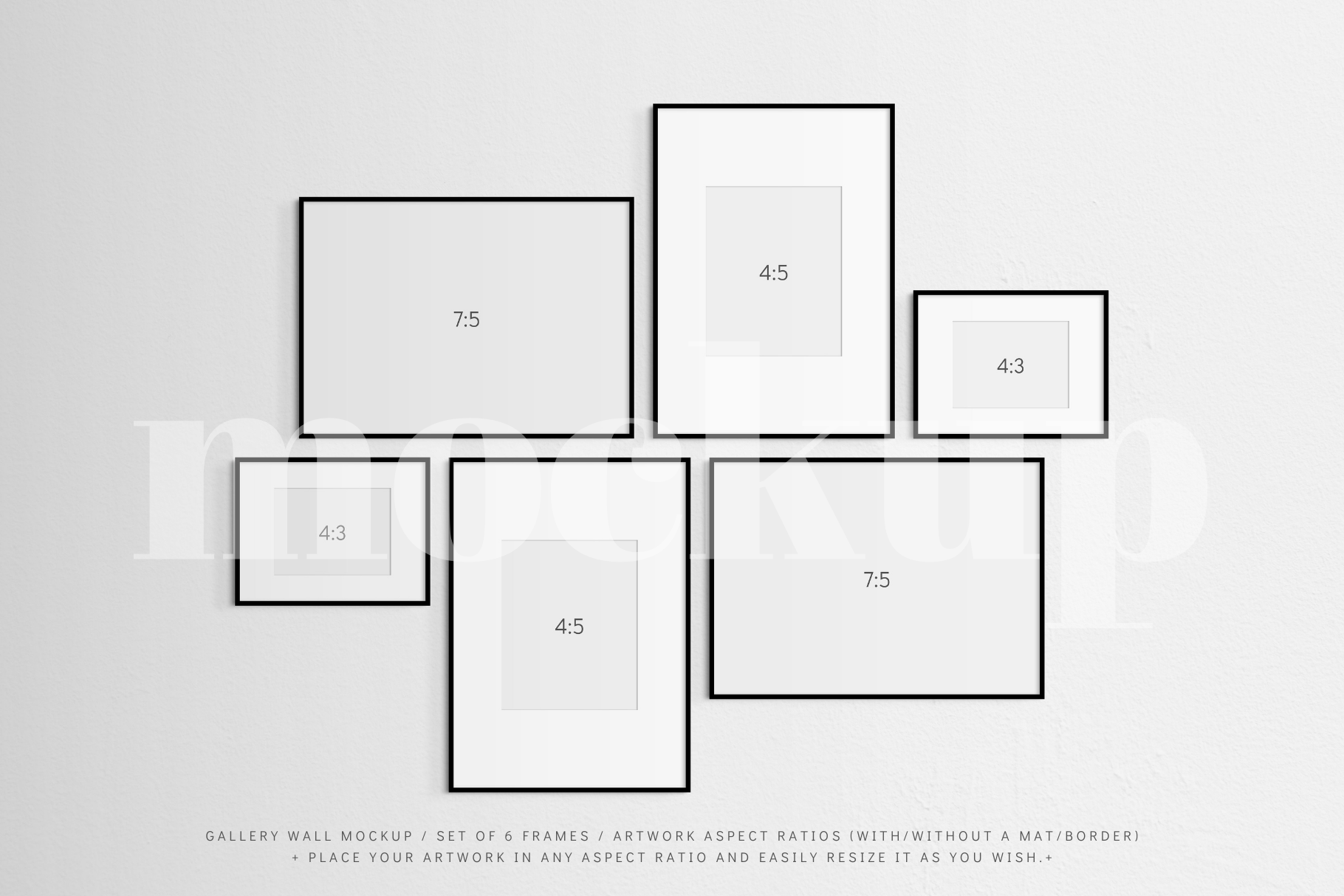 A gallery wall frame mockup that features a set of 6 thin black frames with or without a white mat (passe-partout) border.