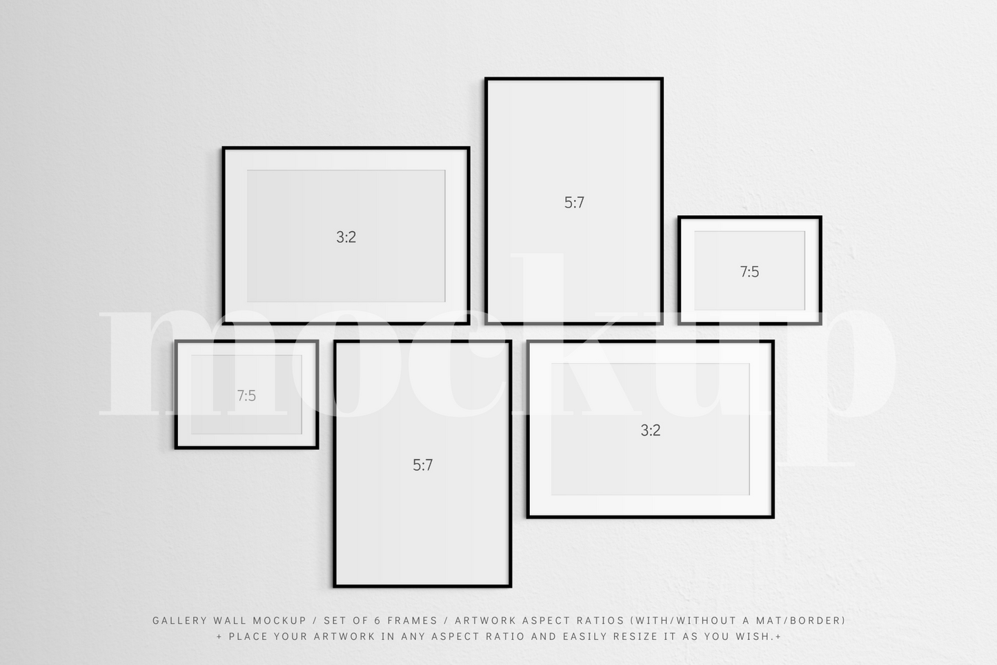 Set of 6 black frames. A customizable and easy-to-use gallery wall frame mockup.