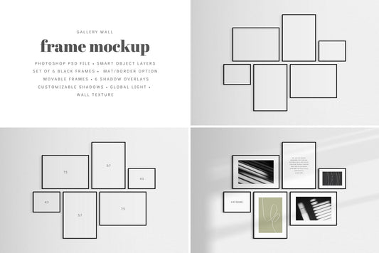 A modern, minimalist gallery wall frame mockup that features a set of 6 horizontal and vertical black frames.