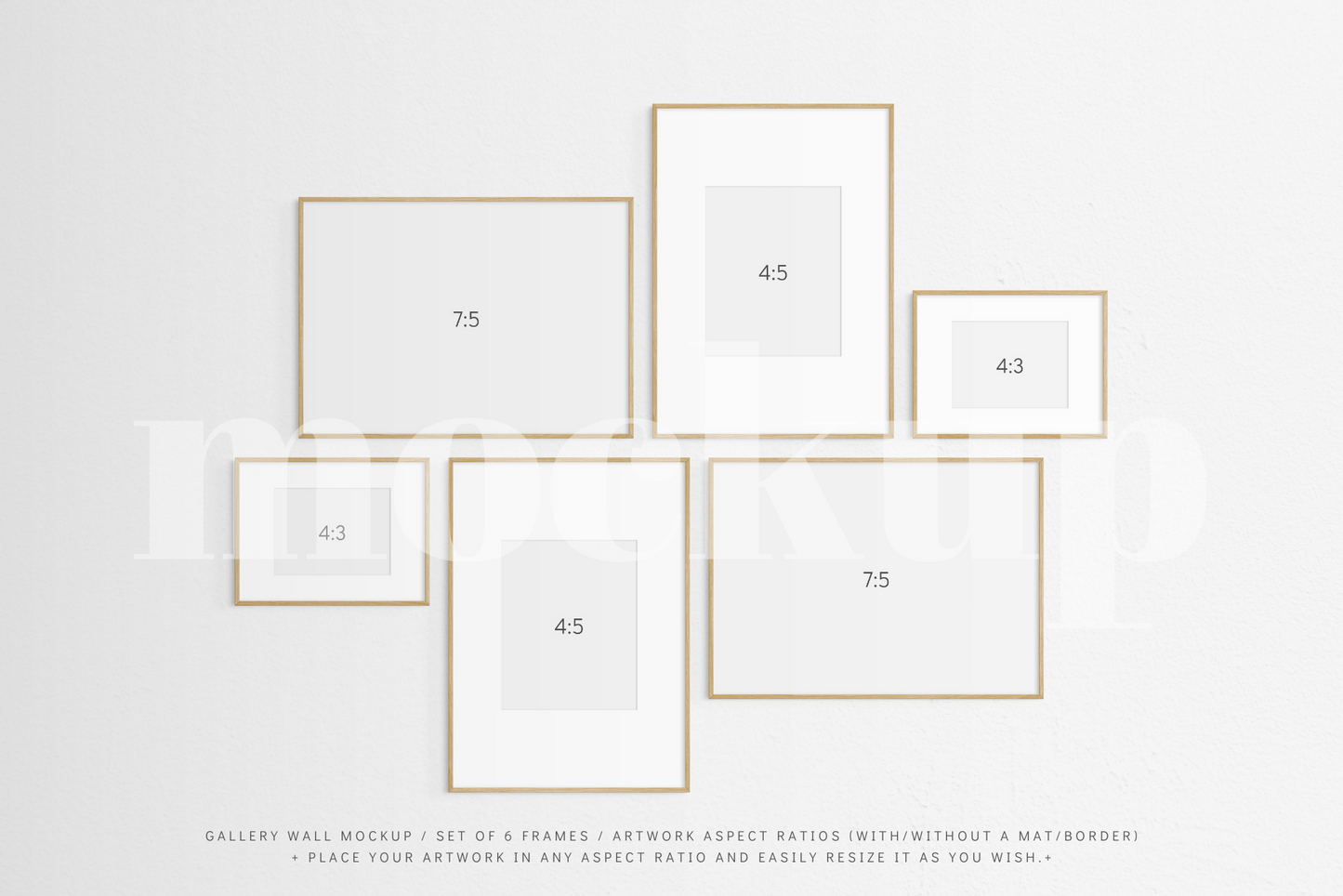 Gallery Wall Mockup | Set of 6 Frames | Frame Mockup | Oak Timber | PSD