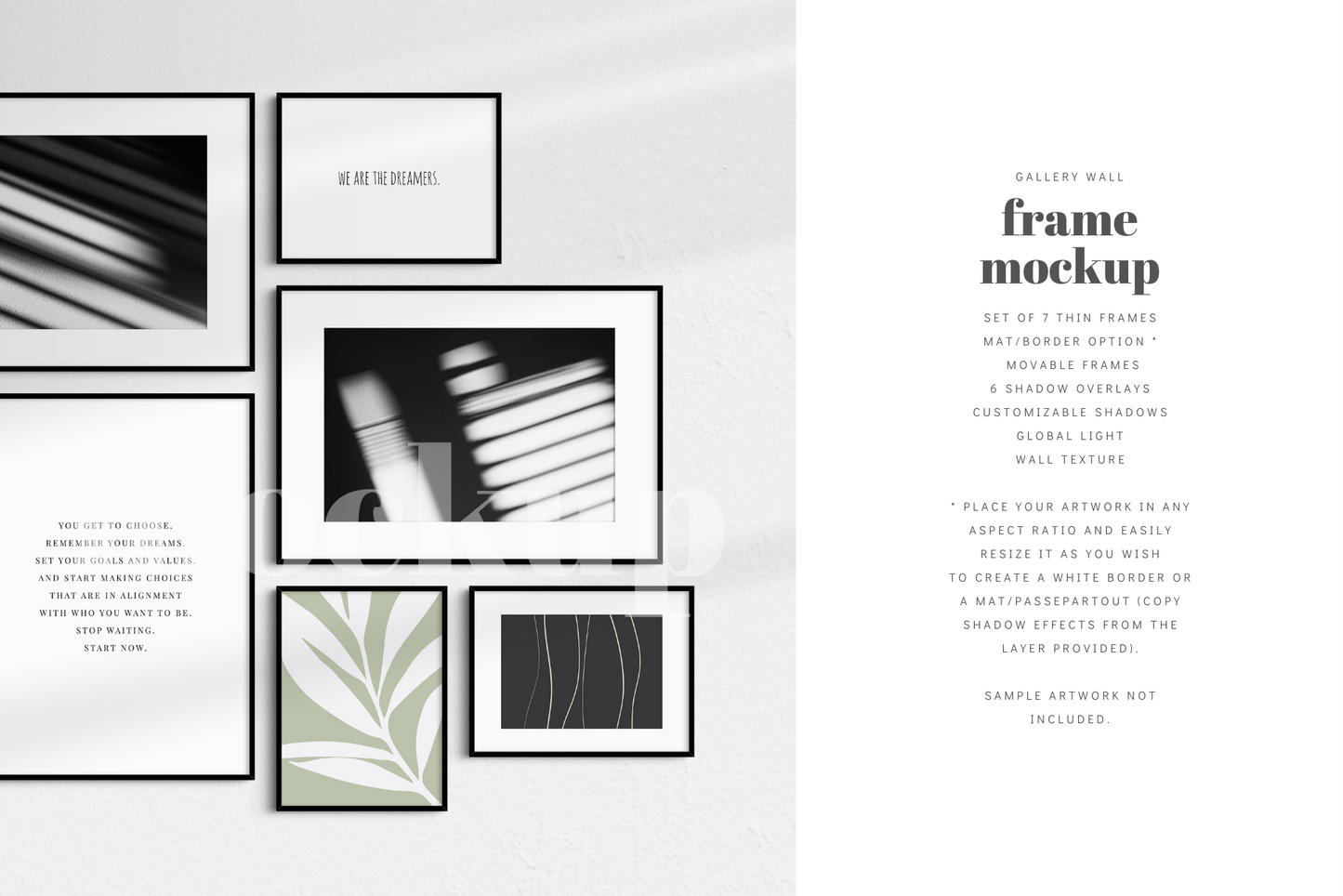 Showcase your artwork in an elegant, modern way with this customizable and easy-to-use minimalist gallery wall frame mockup that features a set of 7 thin black frames.